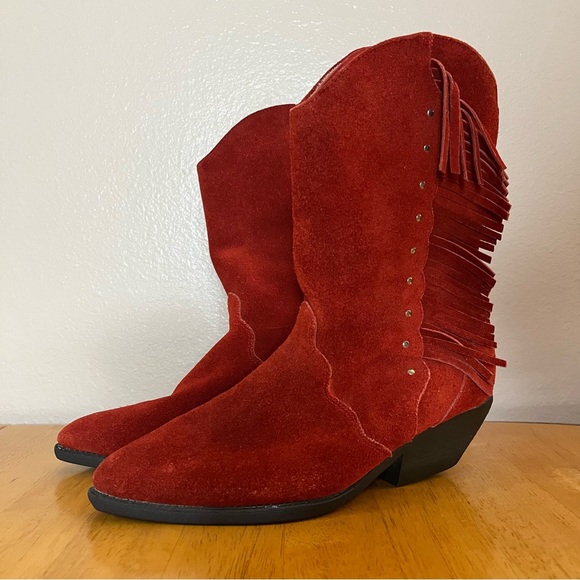 Arizona Jean Company Shoes - Vintage Arizona Co Suede Leather Red Boots Western Fringed Black Heels Size 8